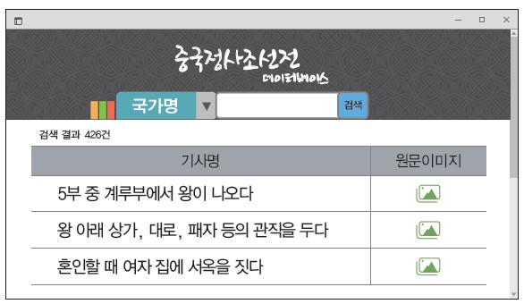 중국정사조선전 데이터베이스 검색 결과 - '5부 중 계루부에서 왕이 나오다', '왕 아래 상가, 대로, 패자 등의 관직을 두다', '혼인할 때 여자 집에 서옥을 짓다'