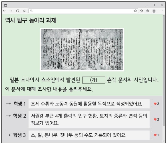 역사 탐구 동아리 과제 - 일본 도다이사 쇼소인에서 발견된 (가) 촌락 문서 사진 (조세 수취·노동력 동원 목적, 서원경 부근 4개 촌락 인구·토지·소·말·뽕나무·잣나무 기록)