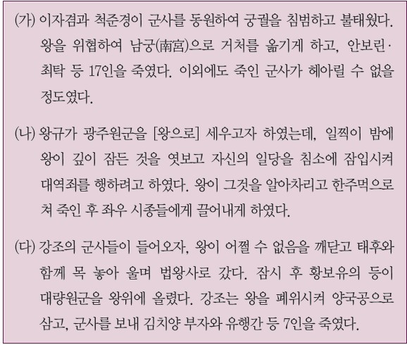(가) 이자겸·척준경의 궁궐 침범, (나) 왕규의 광주원군 옹립 시도, (다) 강조의 정변과 대량원군 즉위 사료