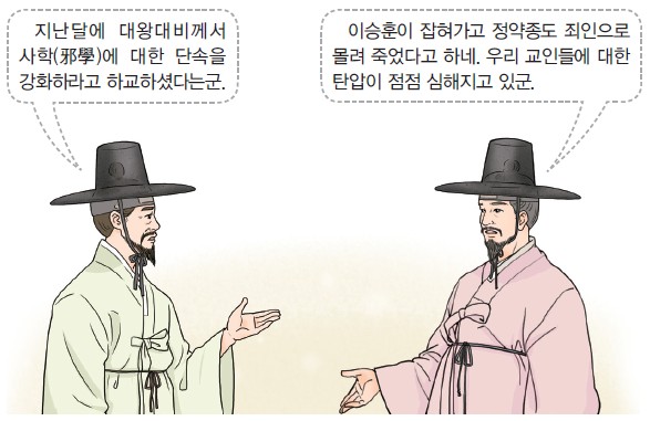 조선 후기 두 사람의 대화 - 대왕대비의 사학 단속 강화 하교, 이승훈·정약종의 죽음, 천주교 박해에 관한 장면