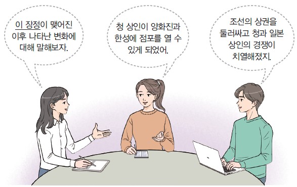 이 장정 체결 이후 청 상인이 양화진과 한성에 점포를 열게 된 변화를 토론하는 장면