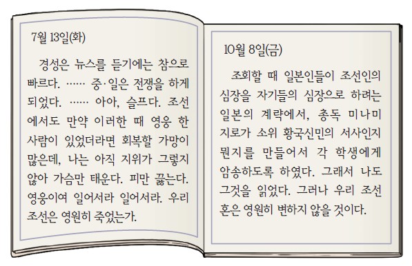 1937년 7월 13일과 10월 8일 일기 - 중·일 전쟁 발발과 황국신민서사 암송 사료
