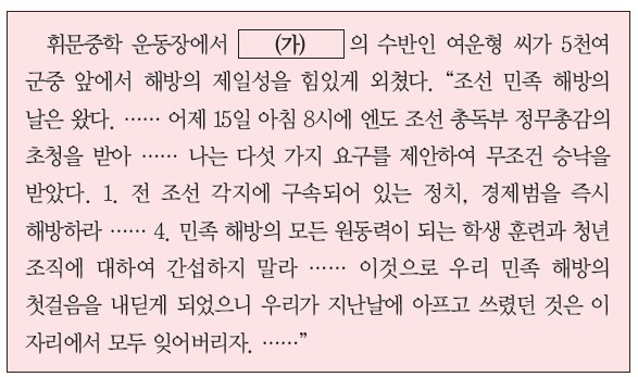 휘문중학 운동장에서 (가)의 수반 여운형이 5천여 군중 앞에서 해방 제일성을 외친 사료 - 조선건국준비위원회 관련