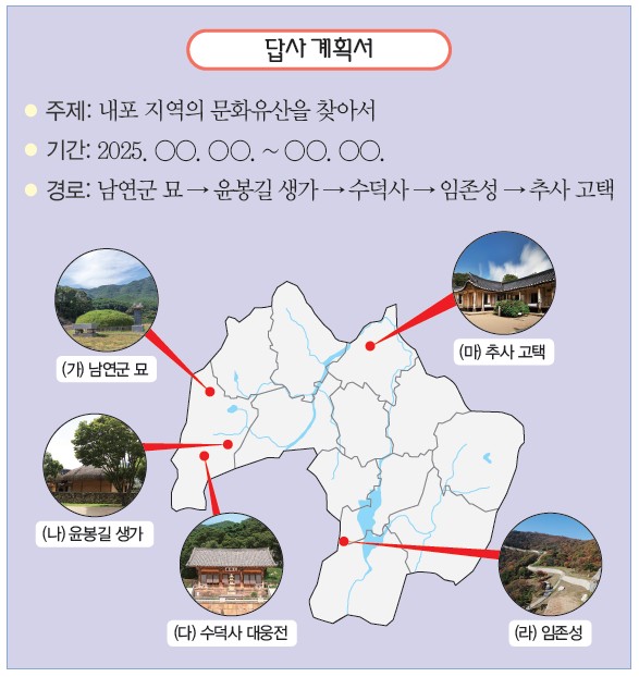 충청남도 내포 지역 답사 계획서 - (가) 남연군 묘, (나) 윤봉길 생가, (다) 수덕사 대웅전, (라) 임존성, (마) 추사 고택 경로 안내