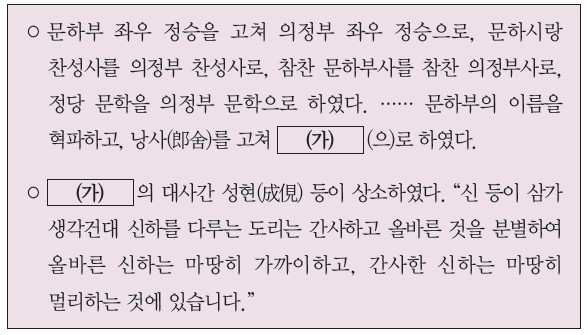 문하부 폐지·의정부 설치, 낭사를 (가)로 개편 / (가)의 대사간 성현이 상소