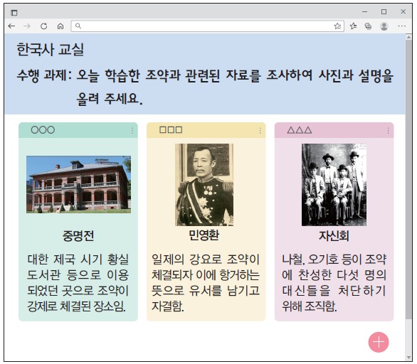 한국사 교실 수행 과제 - 중명전(조약 강제 체결 장소), 민영환(유서 자결), 자신회(나철·오기호 다섯 대신 처단 조직)