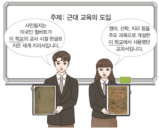 근대 교육의 도입 - 헐버트가 이 학교의 교사 시절 한글로 지은 사민필지 / 영어·산학·지리를 주요 과목으로 개설한 이 학교