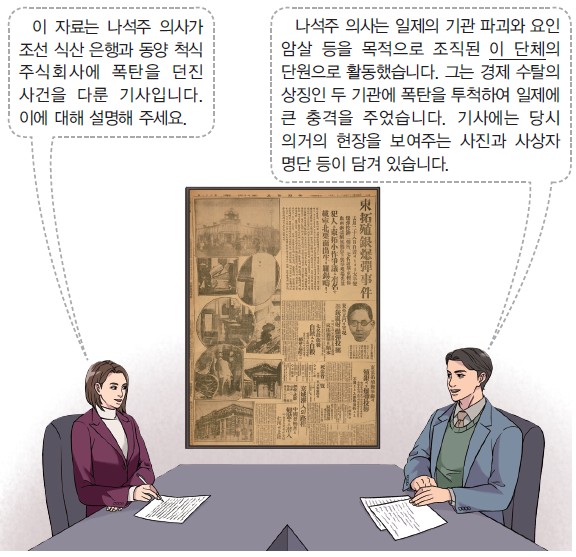 나석주 의사 - 조선 식산은행과 동양 척식 주식회사에 폭탄 투척. 일제 기관 파괴와 요인 암살 목적의 (이 단체)의 단원